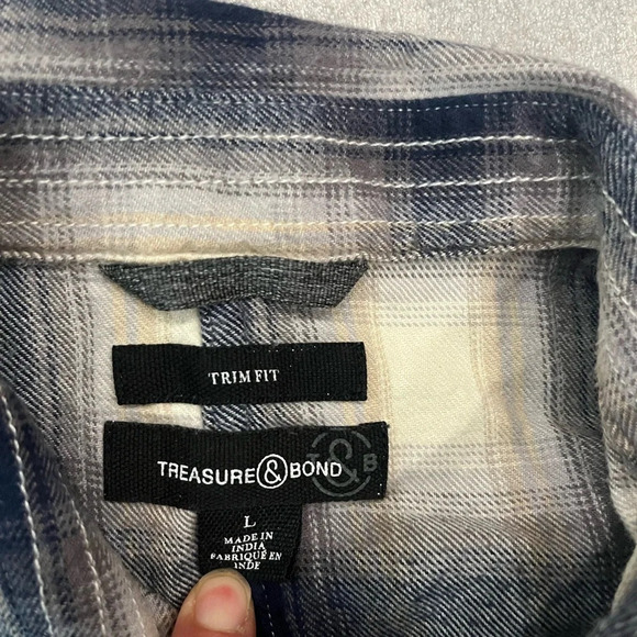 [L] Treasure&Bond Trim Fit Blue Gray Plaid Cotton LS Button Shirt - Picture 2 of 9